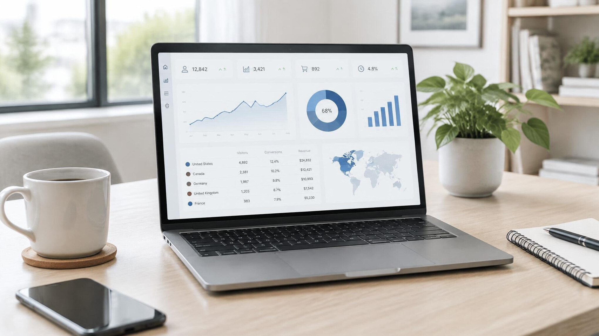 Laptop screen showing analytics dashboards and charts