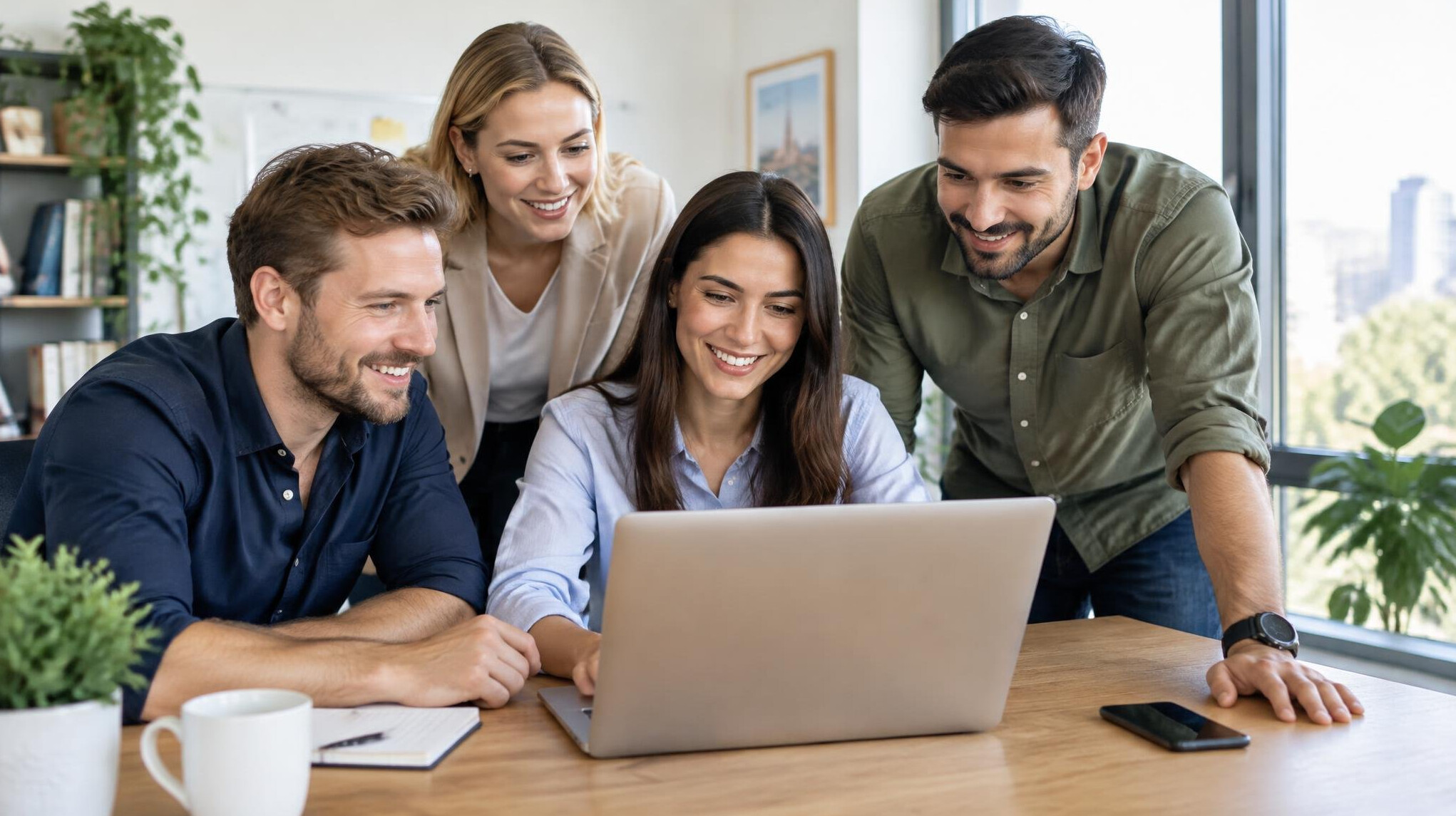 Colleagues collaborating around a laptop in a bright office